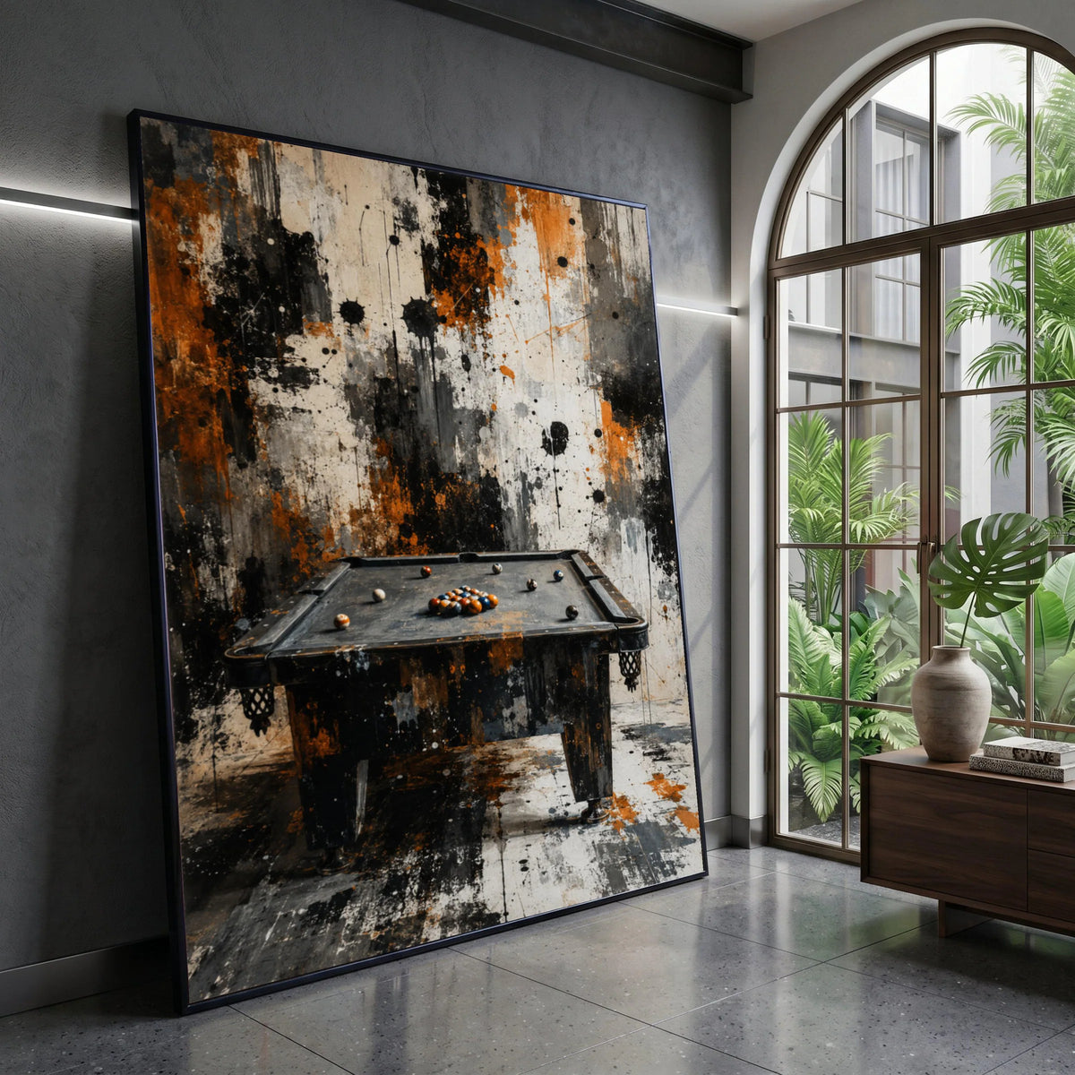Vintage Billiard Table Canvas Wall Art, Abstract Grunge Pool Room Decor, Urban Game Room Canvas, Retro Sports Wall Canvas Print Art