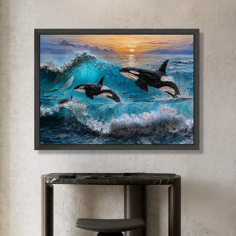 Majestic Orcas Jumping, Ocean Wave Canvas Art, Sunset Seascape Wall Decoration, Marine Wildlife Canvas, Beach House Wall Canvas Print Art