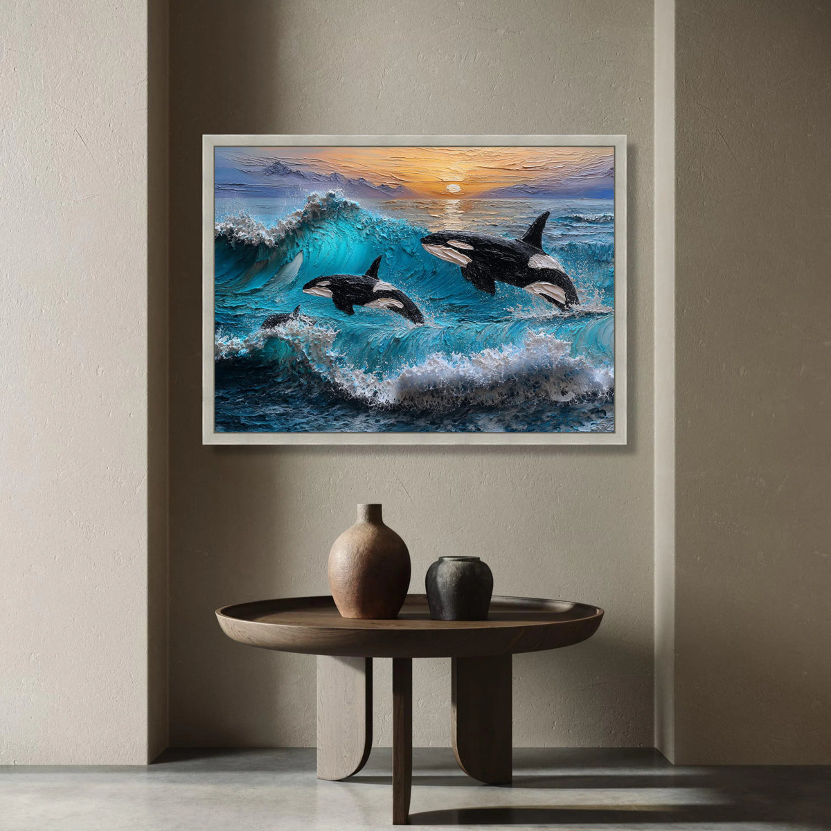 Majestic Orcas Jumping, Ocean Wave Canvas Art, Sunset Seascape Wall Decoration, Marine Wildlife Canvas, Beach House Wall Canvas Print Art