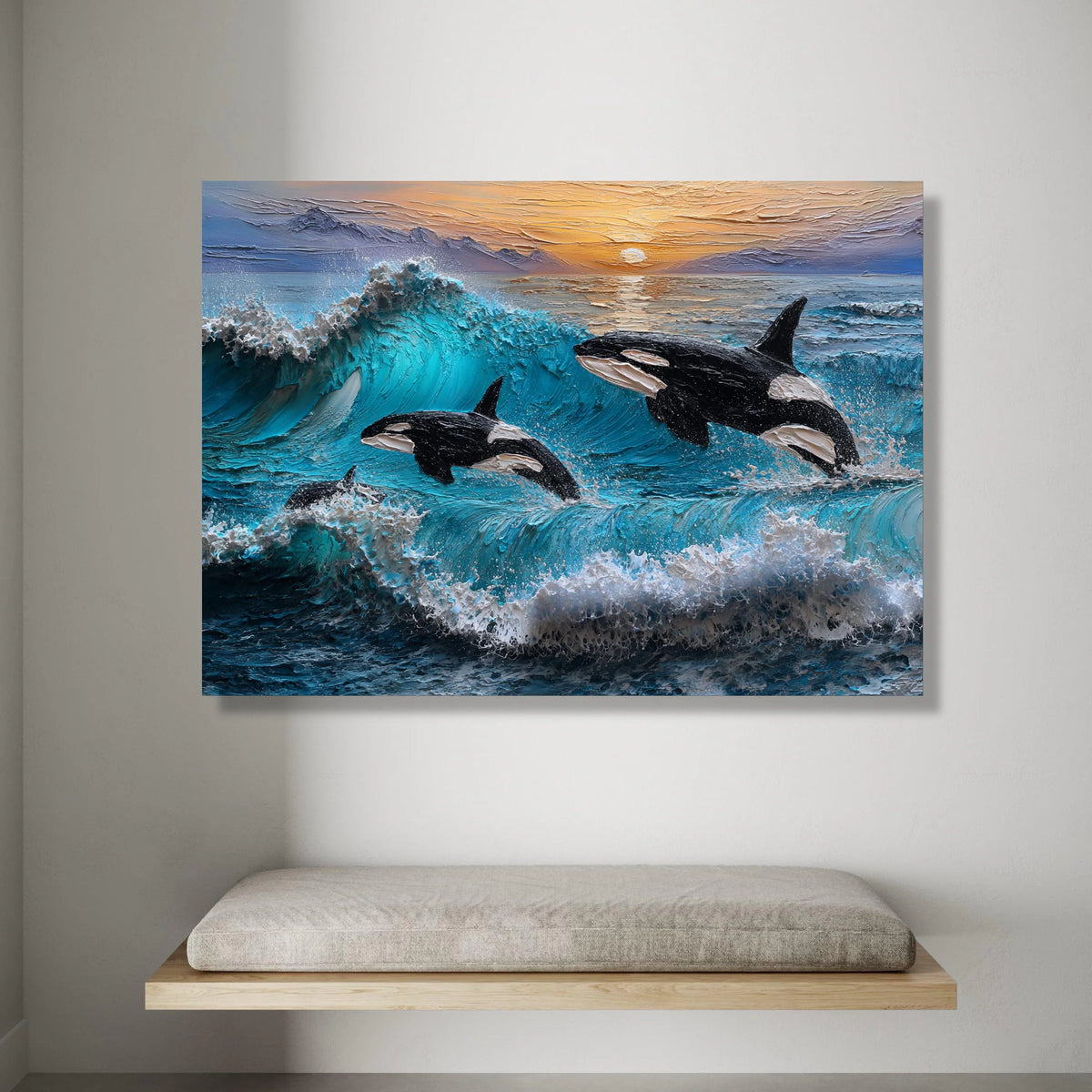 Majestic Orcas Jumping, Ocean Wave Canvas Art, Sunset Seascape Wall Decoration, Marine Wildlife Canvas, Beach House Wall Canvas Print Art
