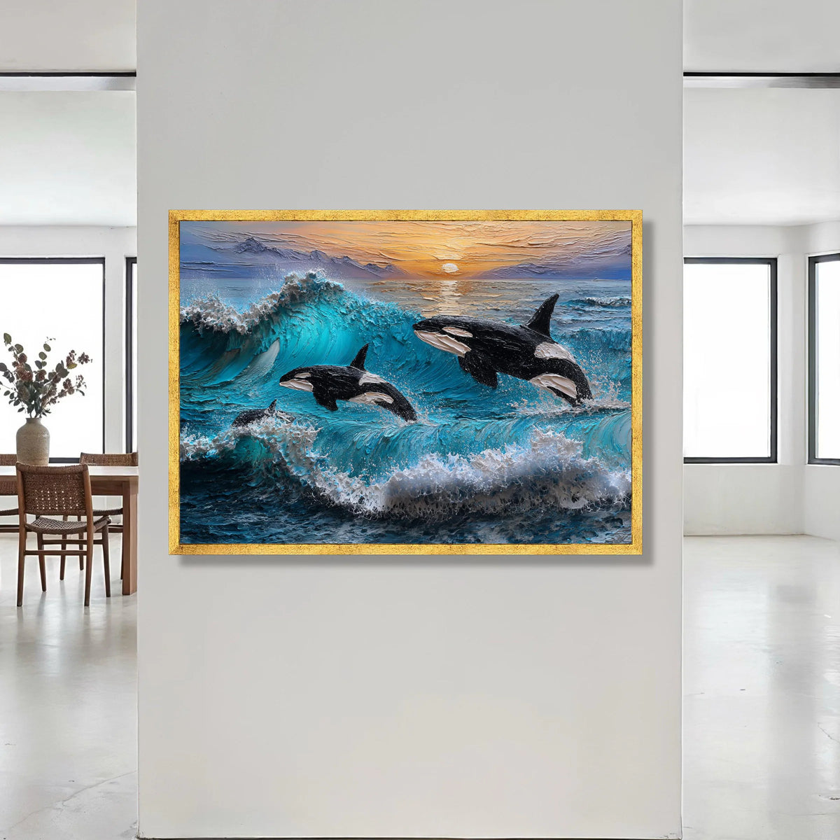 Majestic Orcas Jumping, Ocean Wave Canvas Art, Sunset Seascape Wall Decoration, Marine Wildlife Canvas, Beach House Wall Canvas Print Art
