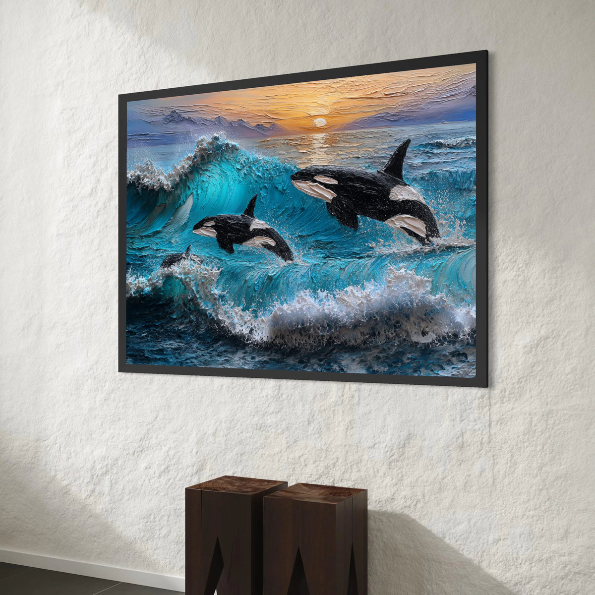 Majestic Orcas Jumping, Ocean Wave Canvas Art, Sunset Seascape Wall Decoration, Marine Wildlife Canvas, Beach House Wall Canvas Print Art