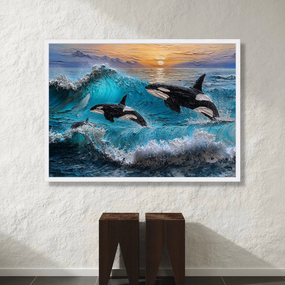 Majestic Orcas Jumping, Ocean Wave Canvas Art, Sunset Seascape Wall Decoration, Marine Wildlife Canvas, Beach House Wall Canvas Print Art