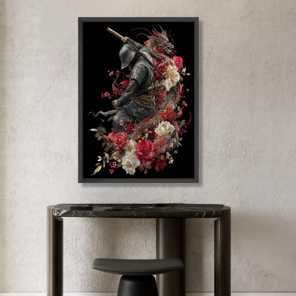 Samurai Warrior with Dragon and Floral Canvas, Japanese Sword Art, Red and White Flowers Design, Asian Mythology Wall Art, Canvas Print Art