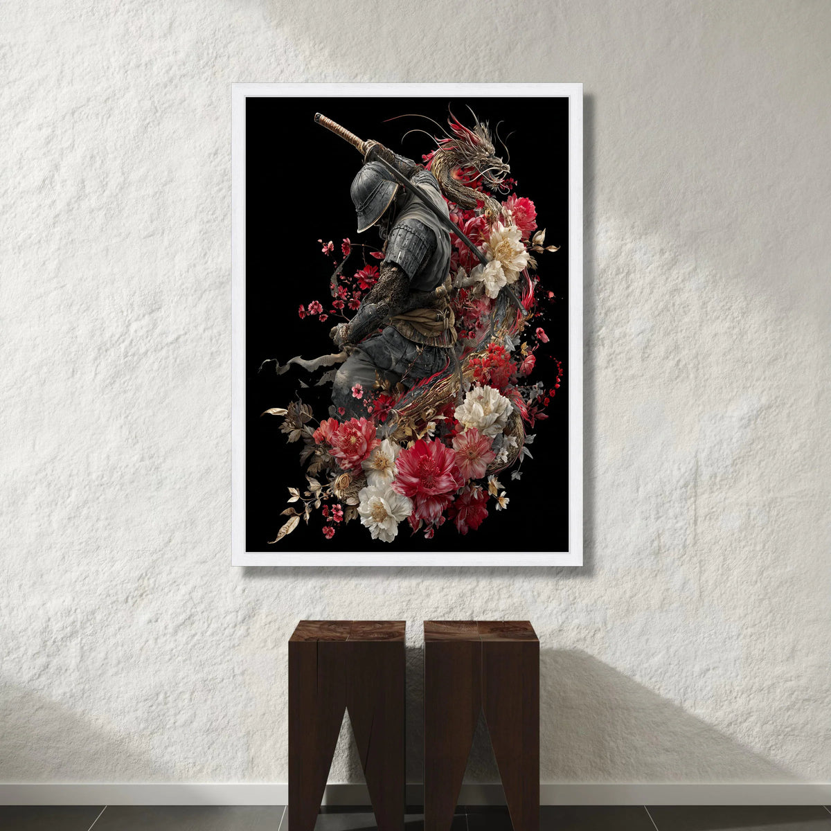 Samurai Warrior with Dragon and Floral Canvas, Japanese Sword Art, Red and White Flowers Design, Asian Mythology Wall Art, Canvas Print Art