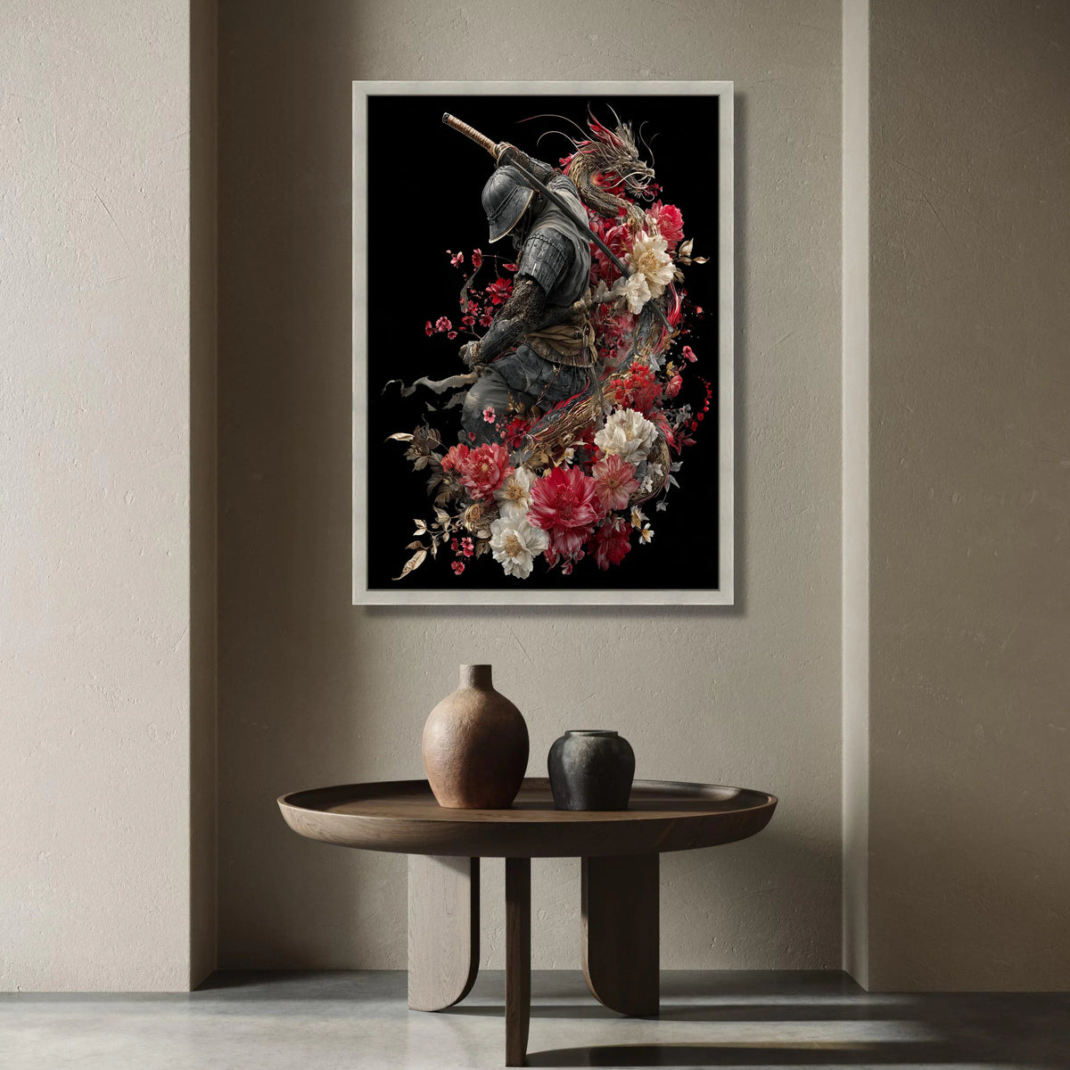 Samurai Warrior with Dragon and Floral Canvas, Japanese Sword Art, Red and White Flowers Design, Asian Mythology Wall Art, Canvas Print Art