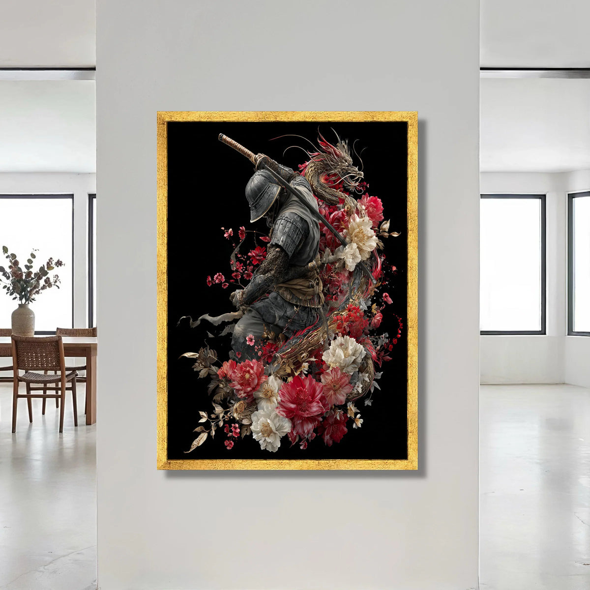 Samurai Warrior with Dragon and Floral Canvas, Japanese Sword Art, Red and White Flowers Design, Asian Mythology Wall Art, Canvas Print Art