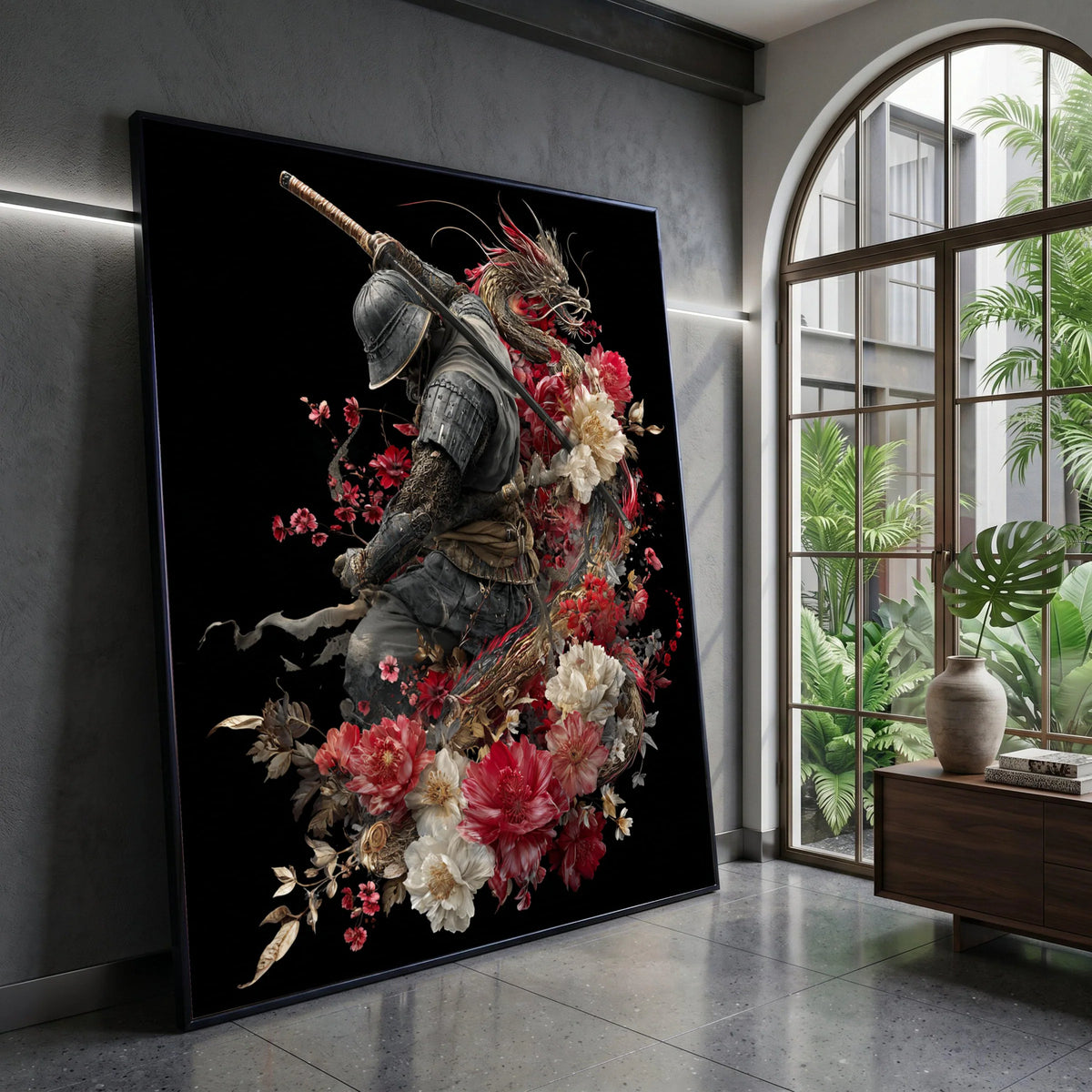 Samurai Warrior with Dragon and Floral Canvas, Japanese Sword Art, Red and White Flowers Design, Asian Mythology Wall Art, Canvas Print Art