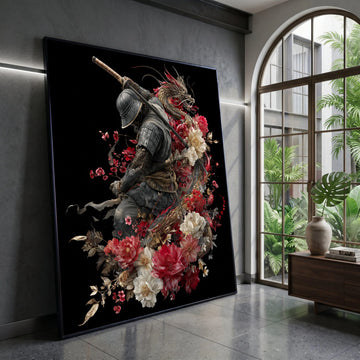 Samurai Warrior with Dragon and Floral Canvas, Japanese Sword Art, Red and White Flowers Design, Asian Mythology Wall Art, Canvas Print Art