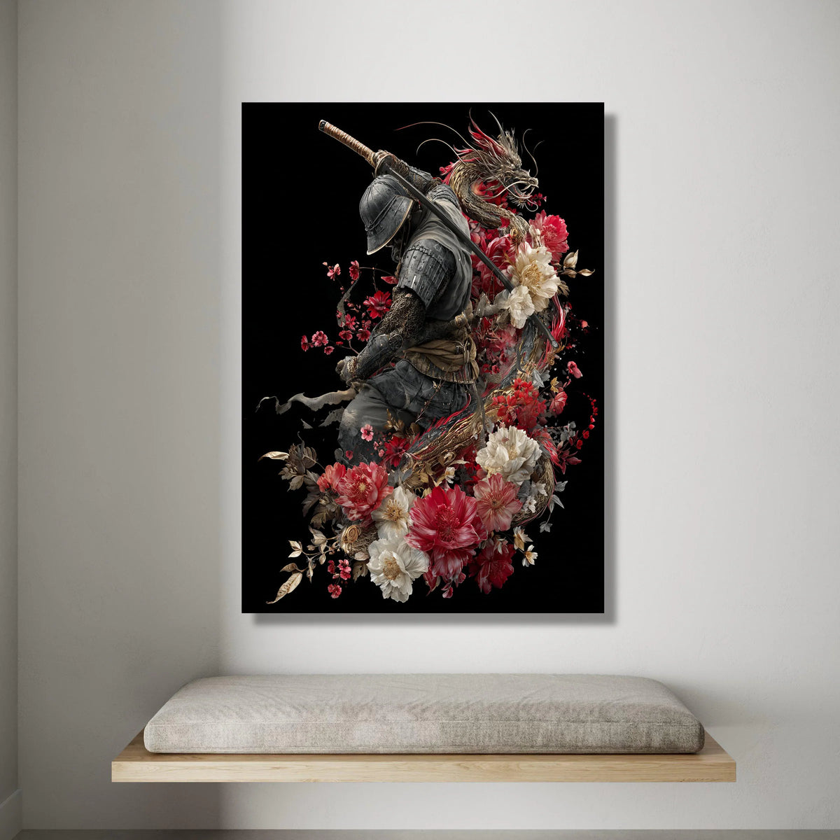 Samurai Warrior with Dragon and Floral Canvas, Japanese Sword Art, Red and White Flowers Design, Asian Mythology Wall Art, Canvas Print Art