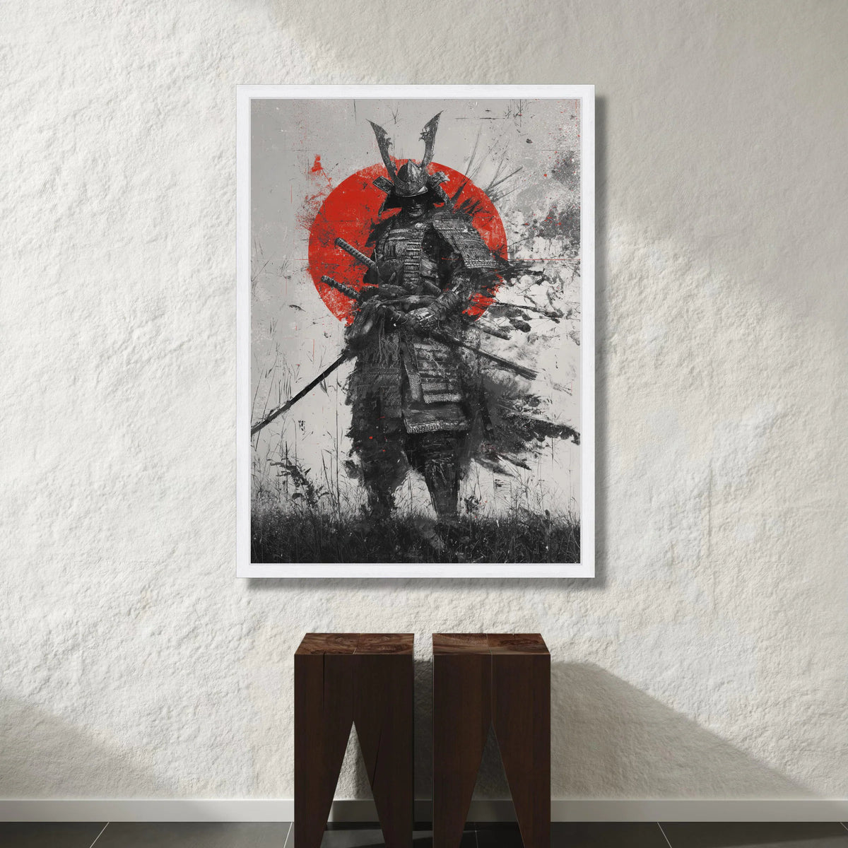Fierce Samurai Warrior Canvas, Japanese Armor Art, Red Sun Background Wall Art, Historical Battle Scene, Dramatic Home Canvas Print Art