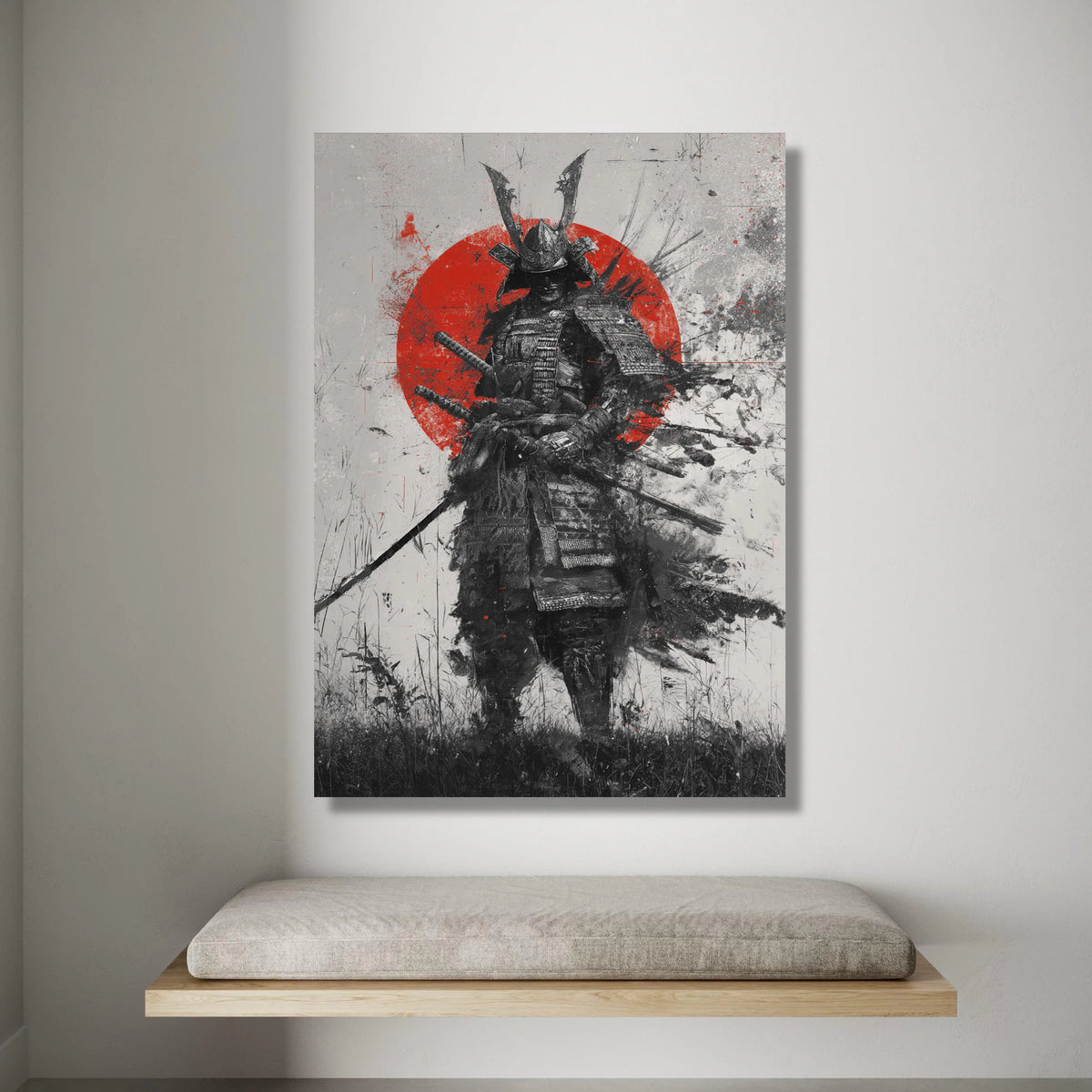 Fierce Samurai Warrior Canvas, Japanese Armor Art, Red Sun Background Wall Art, Historical Battle Scene, Dramatic Home Canvas Print Art