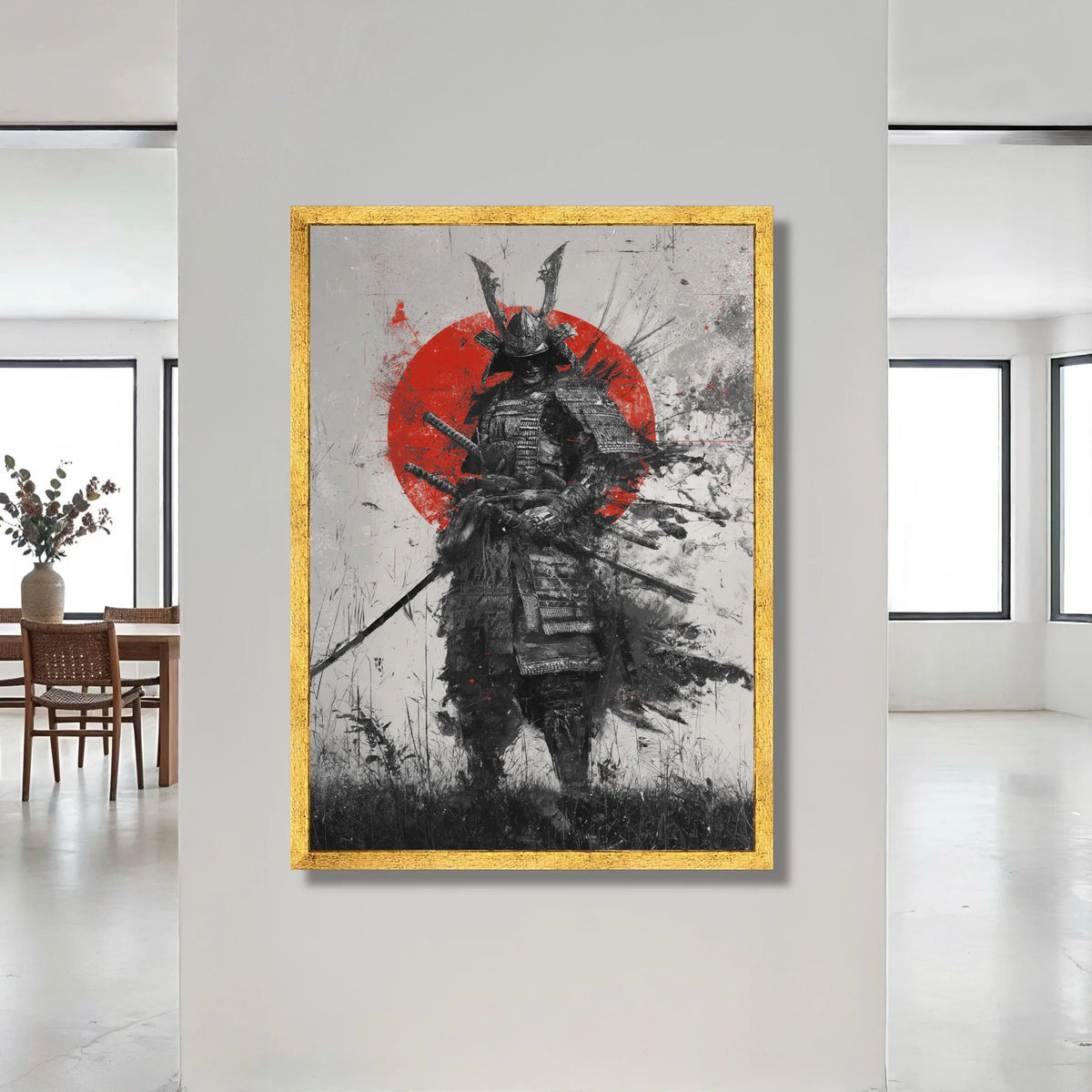 Fierce Samurai Warrior Canvas, Japanese Armor Art, Red Sun Background Wall Art, Historical Battle Scene, Dramatic Home Canvas Print Art
