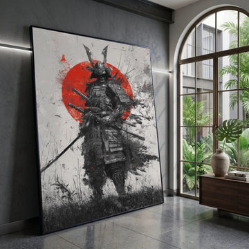 Fierce Samurai Warrior Canvas, Japanese Armor Art, Red Sun Background Wall Art, Historical Battle Scene, Dramatic Home Canvas Print Art