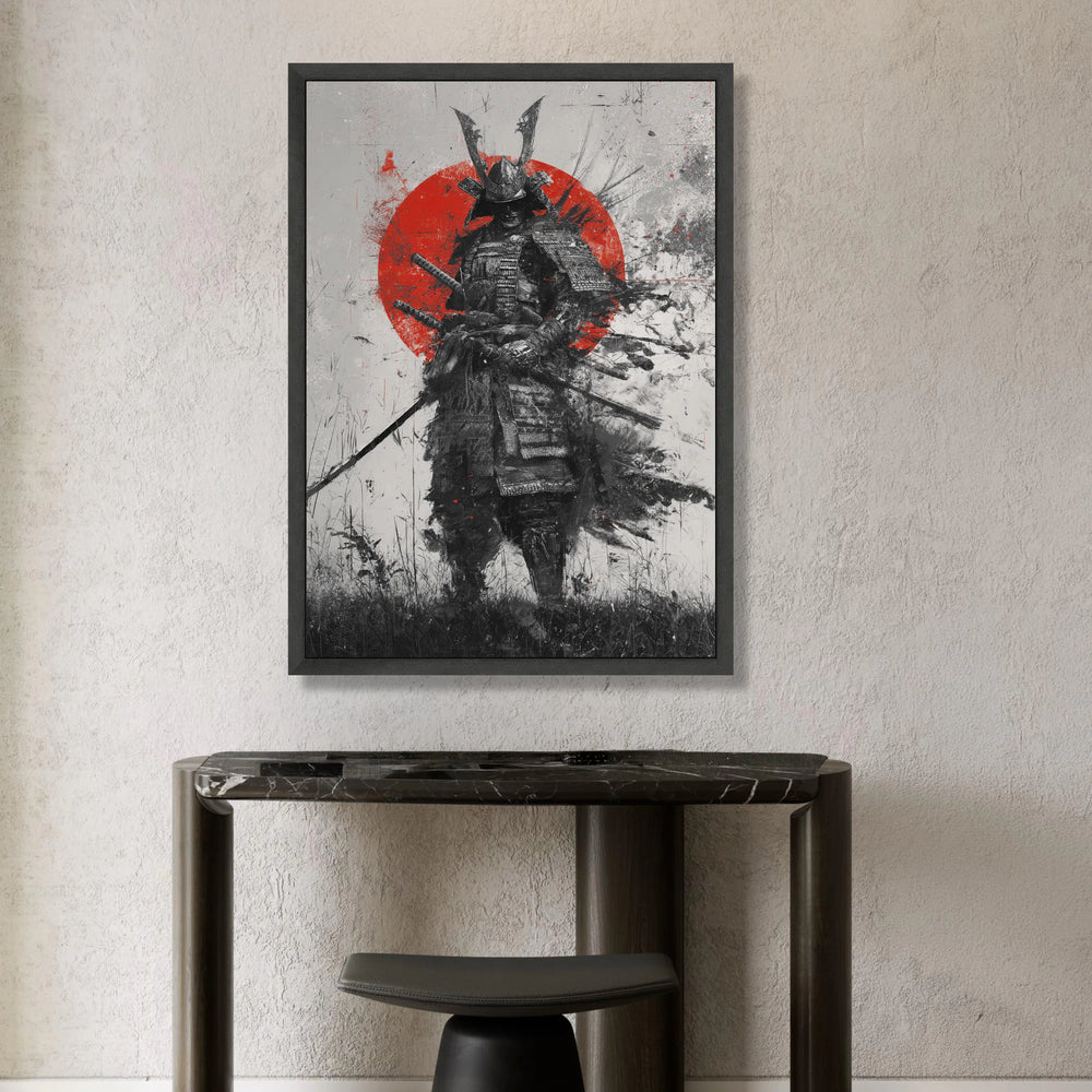 Fierce Samurai Warrior Canvas, Japanese Armor Art, Red Sun Background Wall Art, Historical Battle Scene, Dramatic Home Canvas Print Art