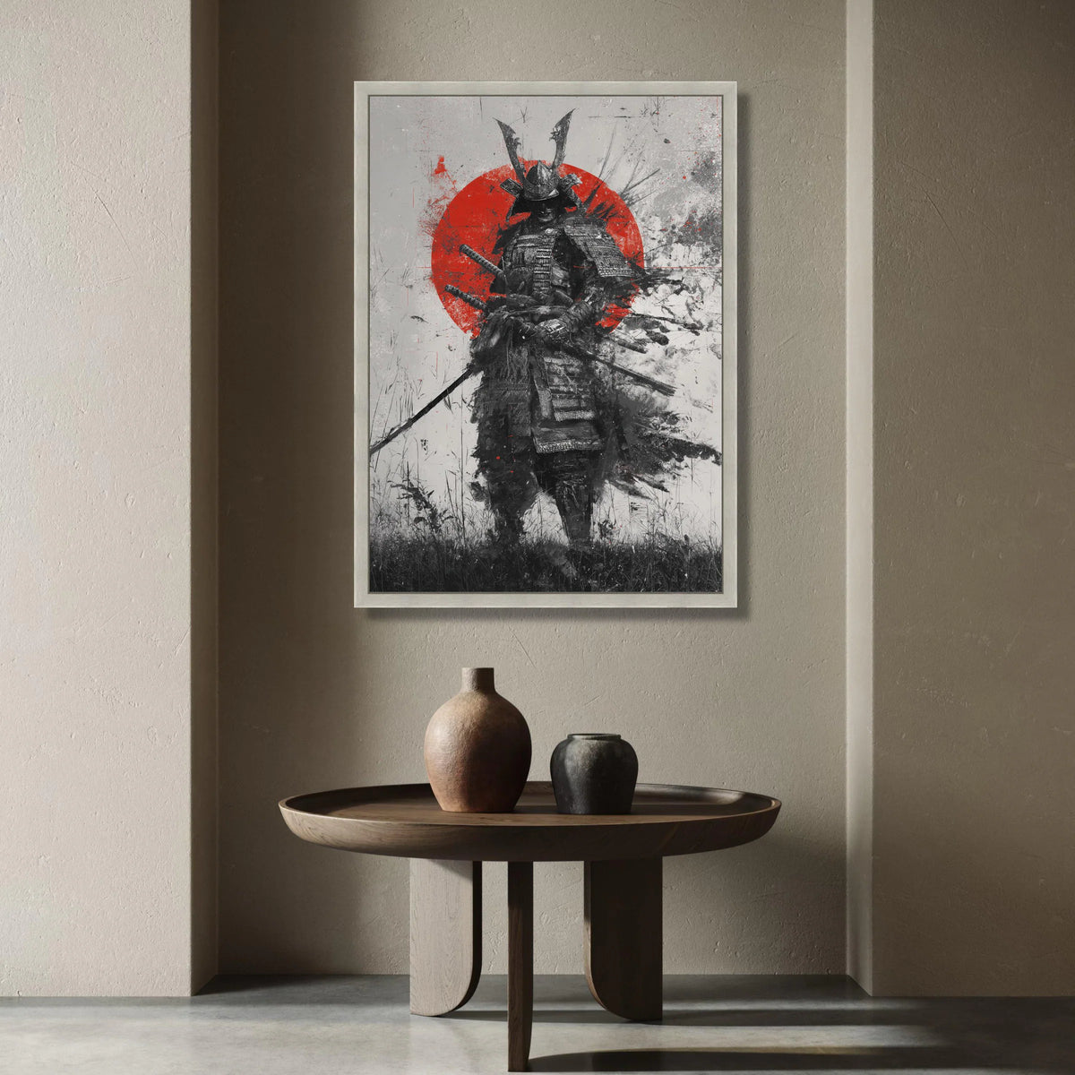 Fierce Samurai Warrior Canvas, Japanese Armor Art, Red Sun Background Wall Art, Historical Battle Scene, Dramatic Home Canvas Print Art