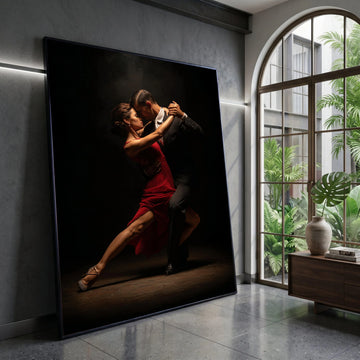 Passionate Tango Dance Couple Canvas Wall Art, Elegant Ballroom Dance Scene, Romantic Dance Pose Canvas, Dramatic Lighting Canvas Print Art