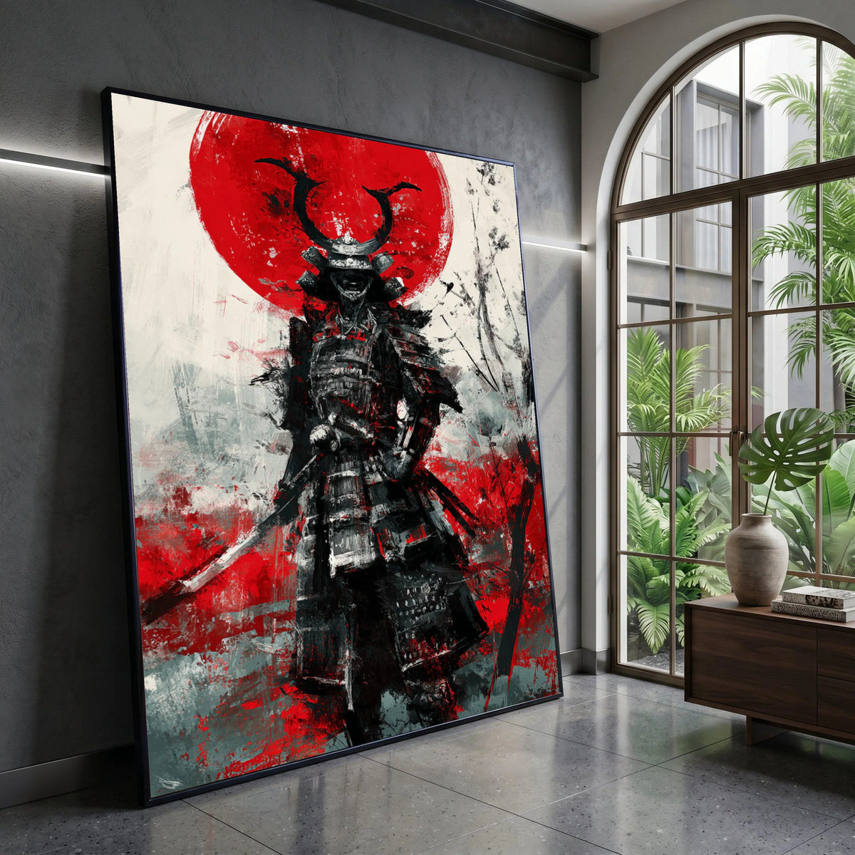 Fierce Samurai Warrior Canvas, Red Sun Japanese Art, Samurai Armor Wall Art, Bold Asian Warrior Decor, Ready to Hang Canvas Canvas Print Art