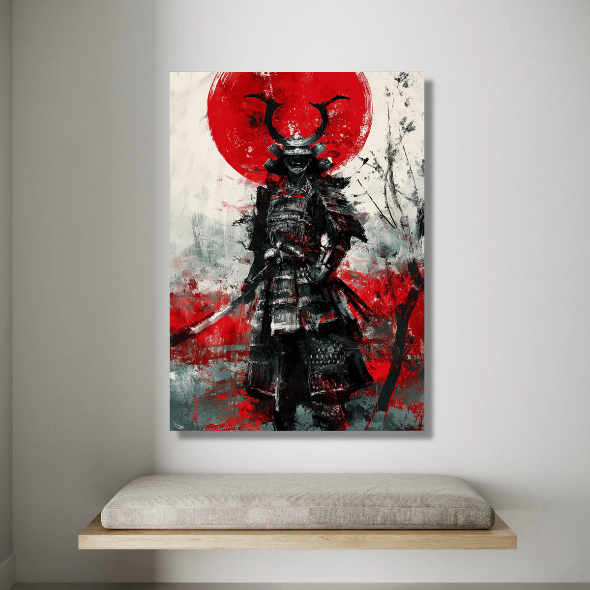 Fierce Samurai Warrior Canvas, Red Sun Japanese Art, Samurai Armor Wall Art, Bold Asian Warrior Decor, Ready to Hang Canvas Canvas Print Art
