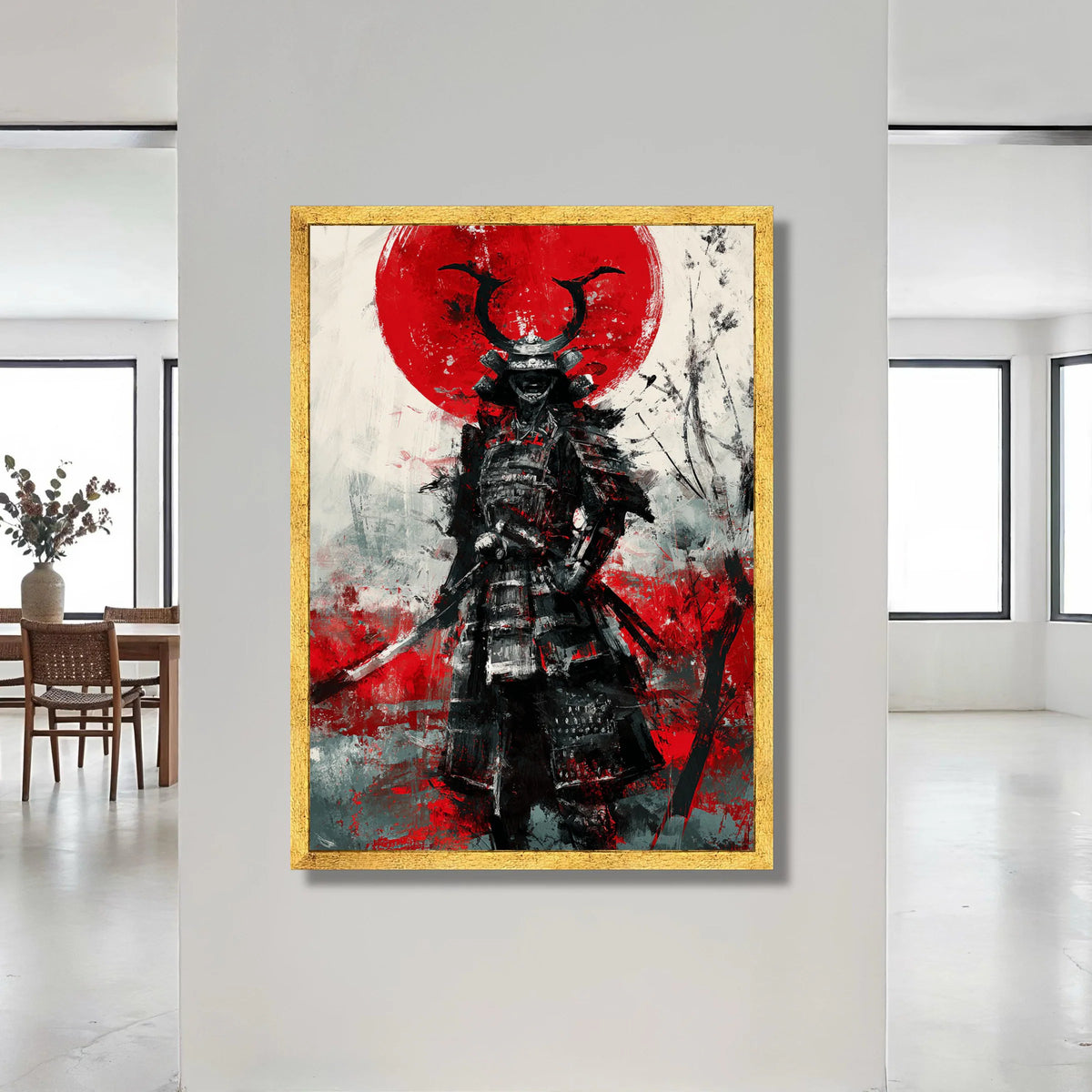 Fierce Samurai Warrior Canvas, Red Sun Japanese Art, Samurai Armor Wall Art, Bold Asian Warrior Decor, Ready to Hang Canvas Canvas Print Art