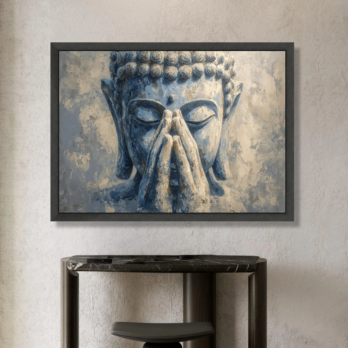 Serene Buddha Face Canvas, Meditative Hands Wall Art, Spiritual Home Decor, Calm Blue Tones Canvas, Zen Meditation Artwork Canvas Print Art