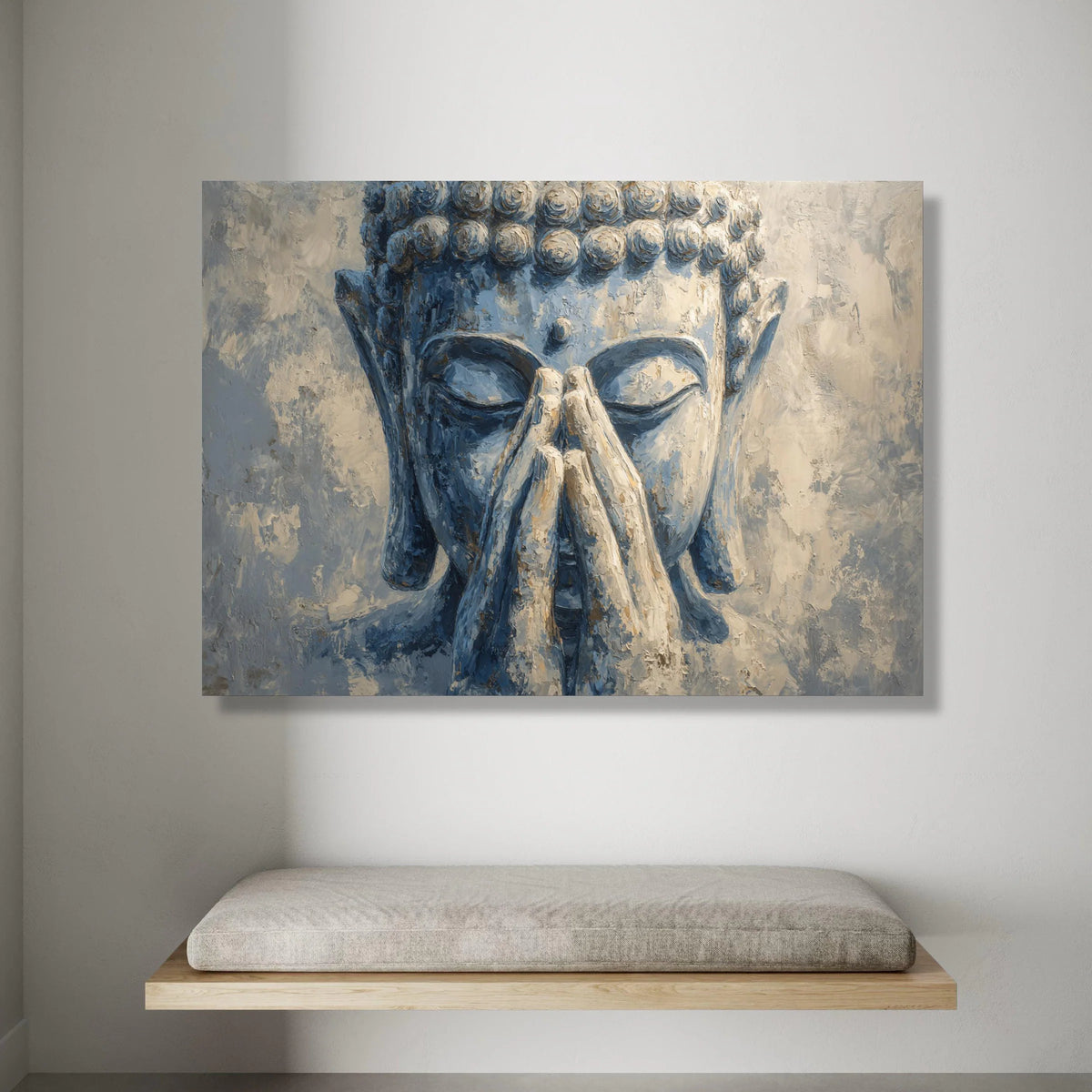 Serene Buddha Face Canvas, Meditative Hands Wall Art, Spiritual Home Decor, Calm Blue Tones Canvas, Zen Meditation Artwork Canvas Print Art