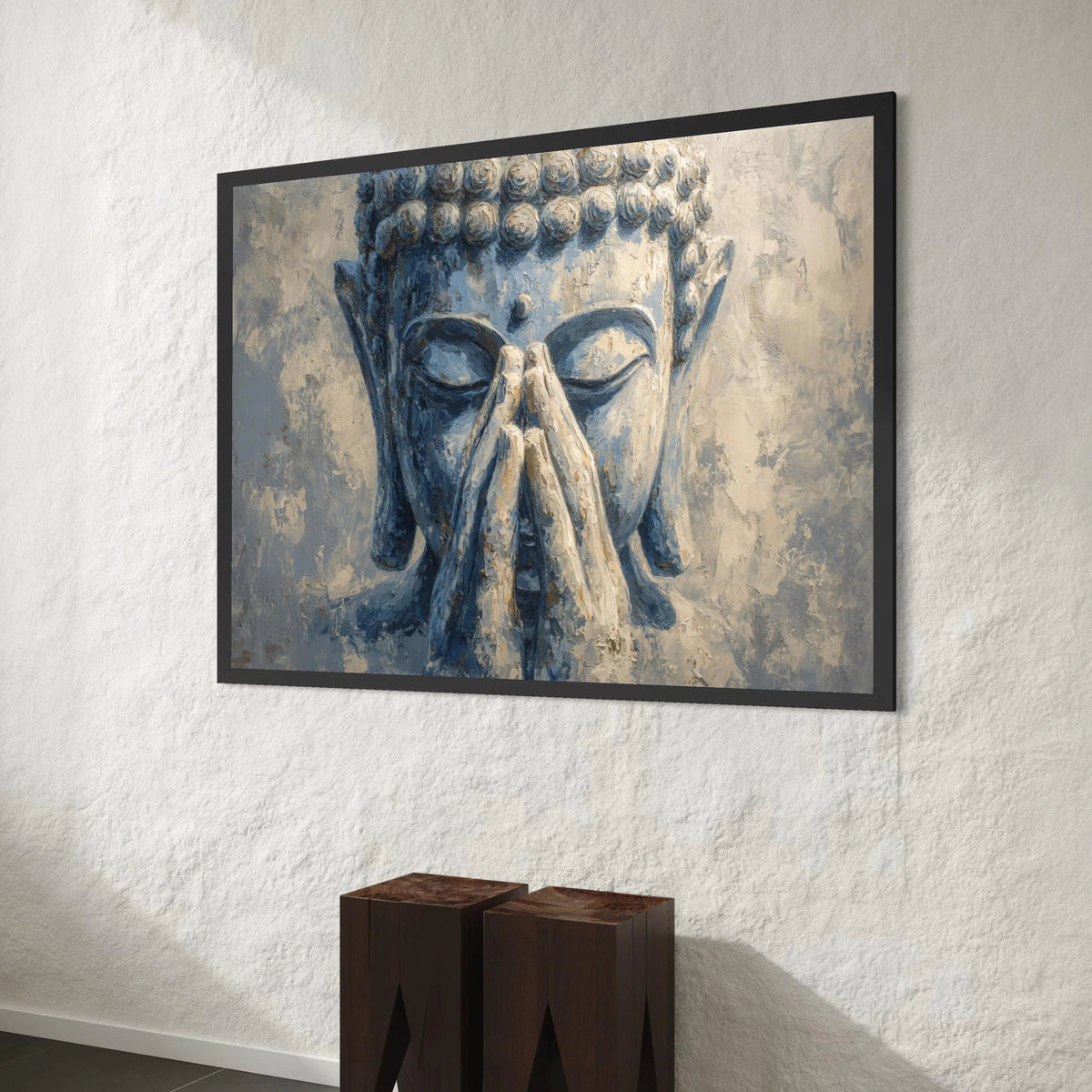 Serene Buddha Face Canvas, Meditative Hands Wall Art, Spiritual Home Decor, Calm Blue Tones Canvas, Zen Meditation Artwork Canvas Print Art