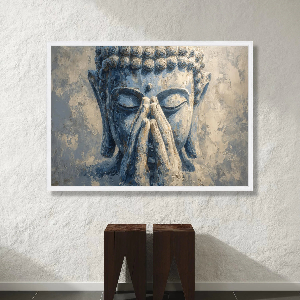 Serene Buddha Face Canvas, Meditative Hands Wall Art, Spiritual Home Decor, Calm Blue Tones Canvas, Zen Meditation Artwork Canvas Print Art