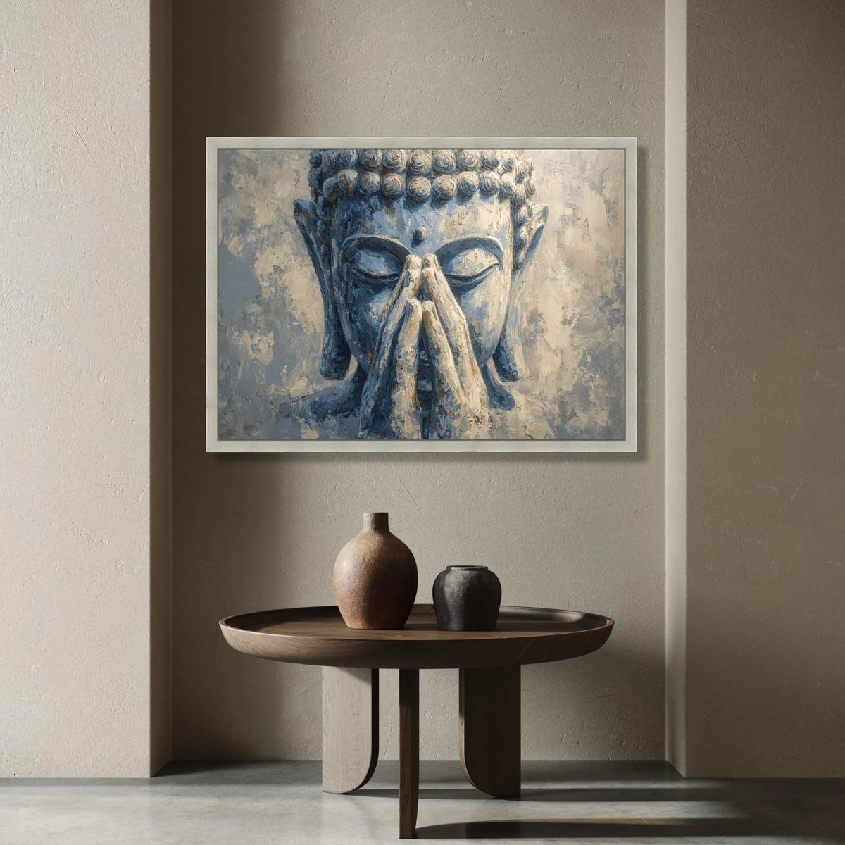 Serene Buddha Face Canvas, Meditative Hands Wall Art, Spiritual Home Decor, Calm Blue Tones Canvas, Zen Meditation Artwork Canvas Print Art