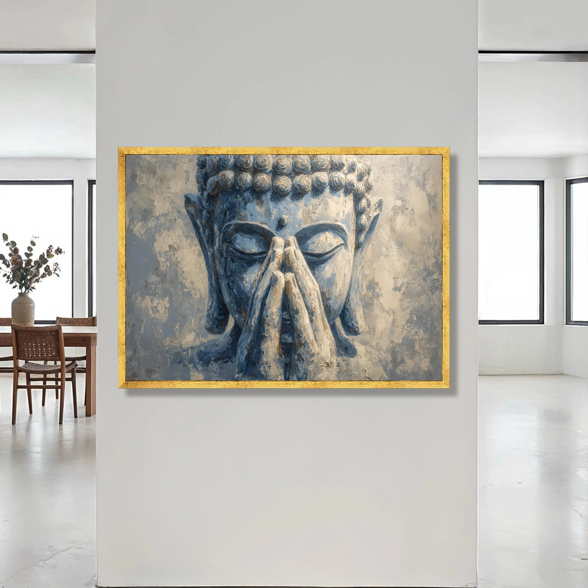 Serene Buddha Face Canvas, Meditative Hands Wall Art, Spiritual Home Decor, Calm Blue Tones Canvas, Zen Meditation Artwork Canvas Print Art