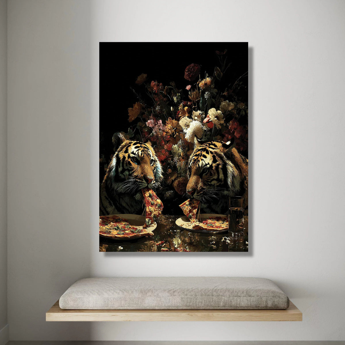 Playful Tigers Eating Pizza Canvas, Floral Background Art, Unique Animal Wall Art, Modern Home Decoration, Conversation Canvas Print Art