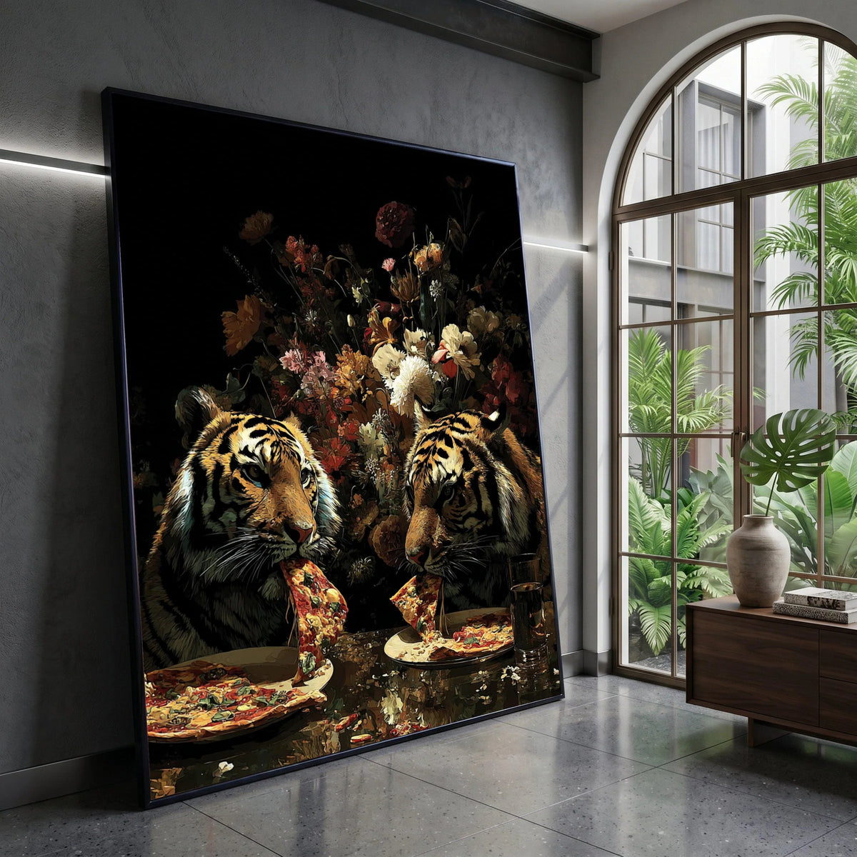 Playful Tigers Eating Pizza Canvas, Floral Background Art, Unique Animal Wall Art, Modern Home Decoration, Conversation Canvas Print Art