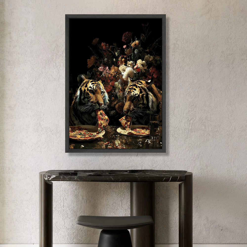 Playful Tigers Eating Pizza Canvas, Floral Background Art, Unique Animal Wall Art, Modern Home Decoration, Conversation Canvas Print Art