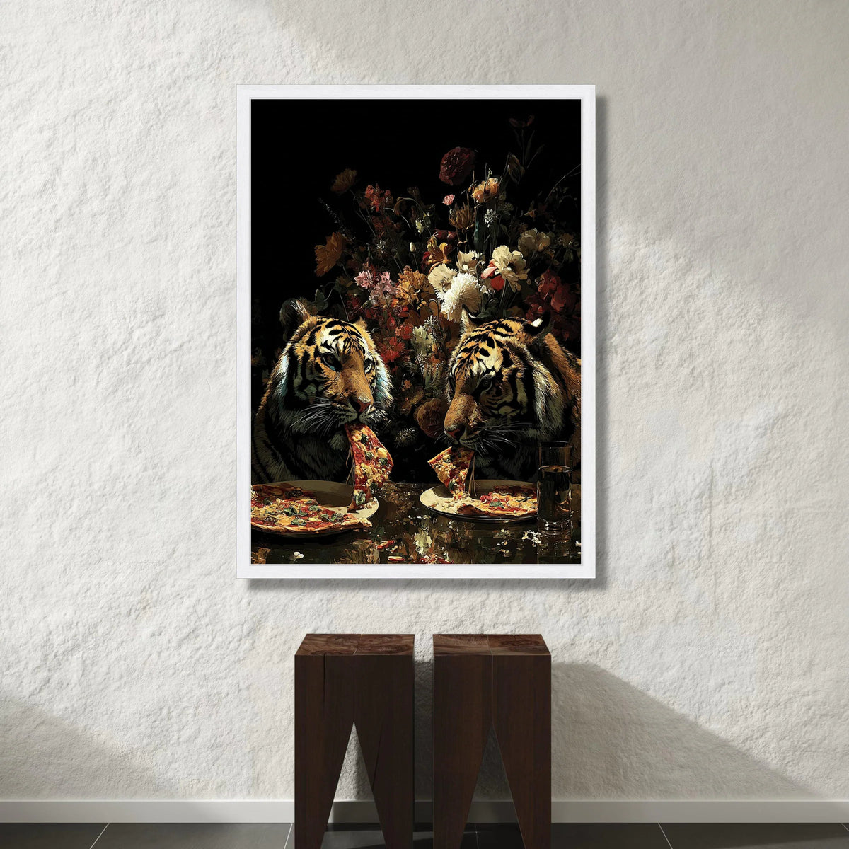 Playful Tigers Eating Pizza Canvas, Floral Background Art, Unique Animal Wall Art, Modern Home Decoration, Conversation Canvas Print Art