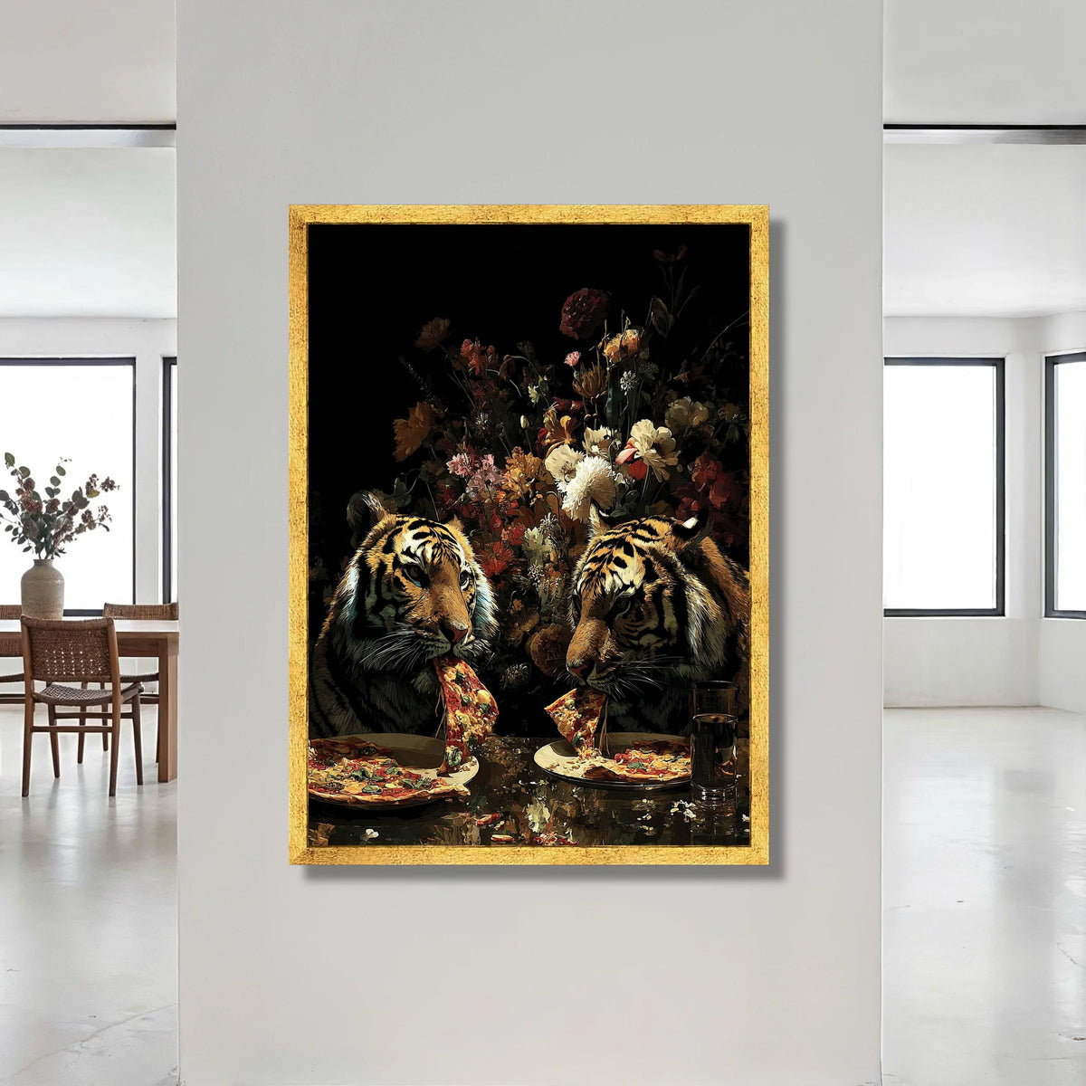 Playful Tigers Eating Pizza Canvas, Floral Background Art, Unique Animal Wall Art, Modern Home Decoration, Conversation Canvas Print Art