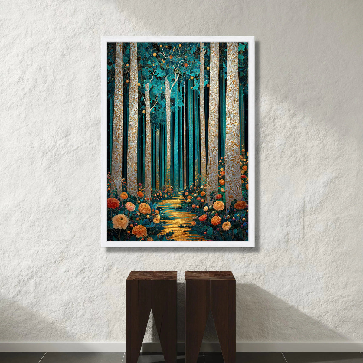 Enchanted Forest Pathway Canvas, Floral Woodland Scene, Magical Tree Trunk Wall Art, Vibrant Nature Landscape Canvas, Home Canvas Print Art