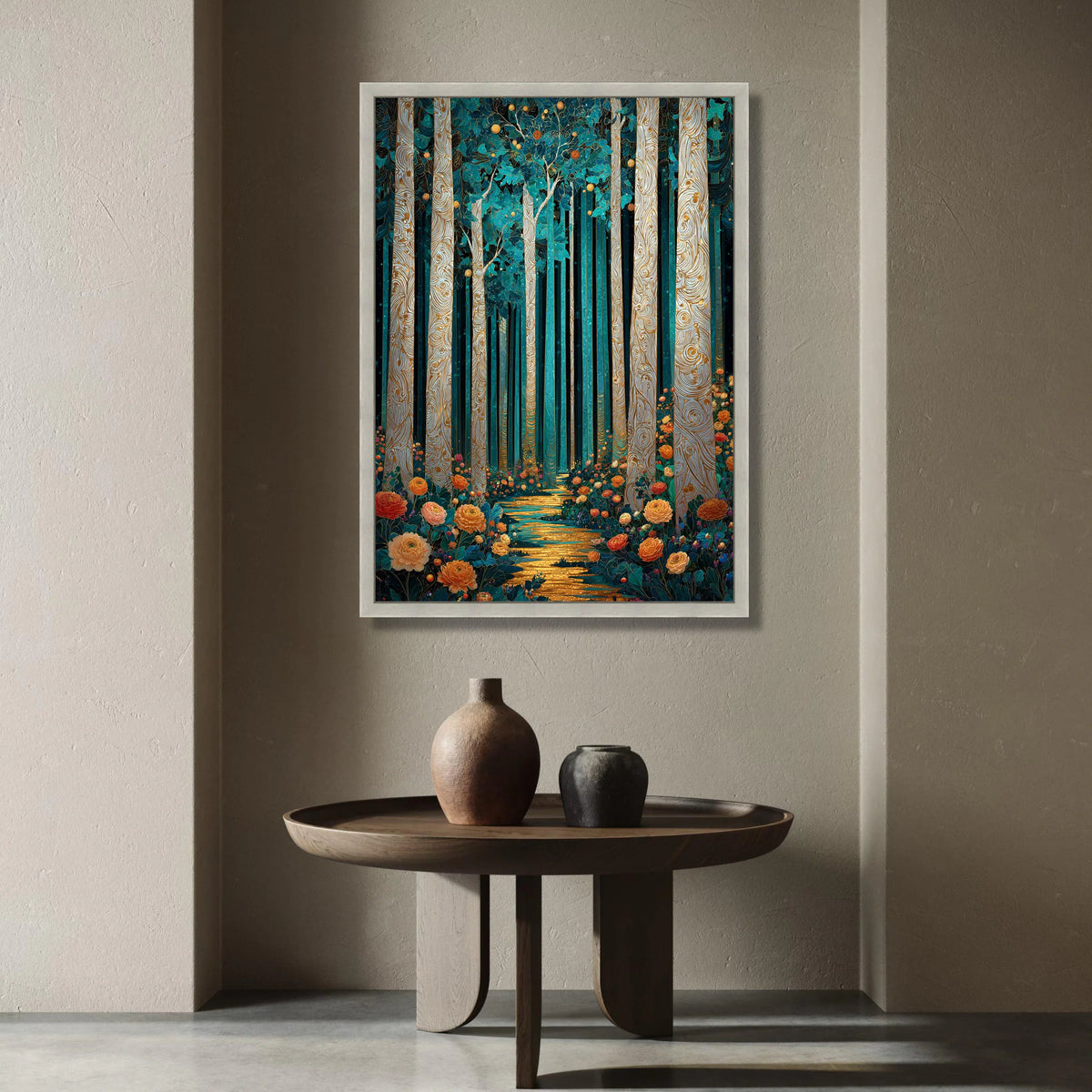 Enchanted Forest Pathway Canvas, Floral Woodland Scene, Magical Tree Trunk Wall Art, Vibrant Nature Landscape Canvas, Home Canvas Print Art