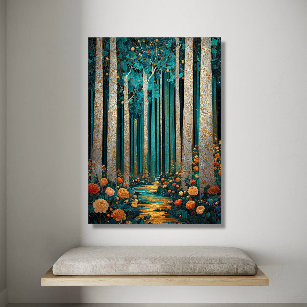 Enchanted Forest Pathway Canvas, Floral Woodland Scene, Magical Tree Trunk Wall Art, Vibrant Nature Landscape Canvas, Home Canvas Print Art