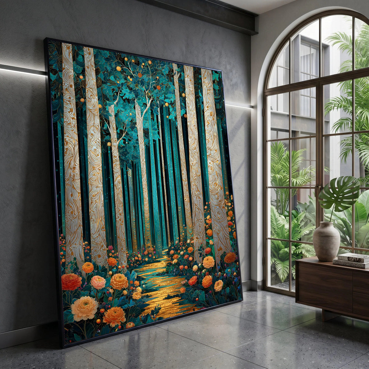Enchanted Forest Pathway Canvas, Floral Woodland Scene, Magical Tree Trunk Wall Art, Vibrant Nature Landscape Canvas, Home Canvas Print Art