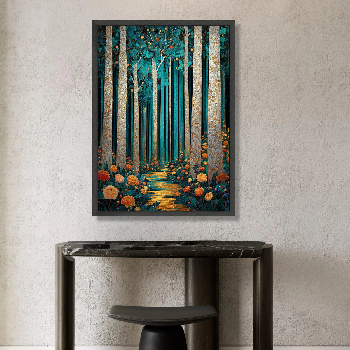 Enchanted Forest Pathway Canvas, Floral Woodland Scene, Magical Tree Trunk Wall Art, Vibrant Nature Landscape Canvas, Home Canvas Print Art