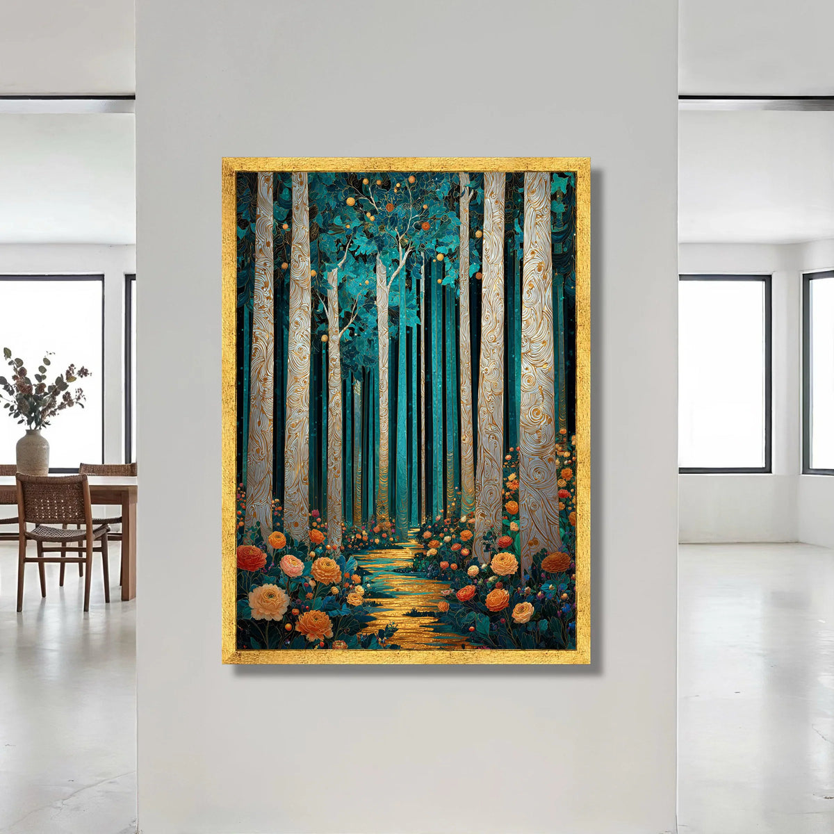 Enchanted Forest Pathway Canvas, Floral Woodland Scene, Magical Tree Trunk Wall Art, Vibrant Nature Landscape Canvas, Home Canvas Print Art