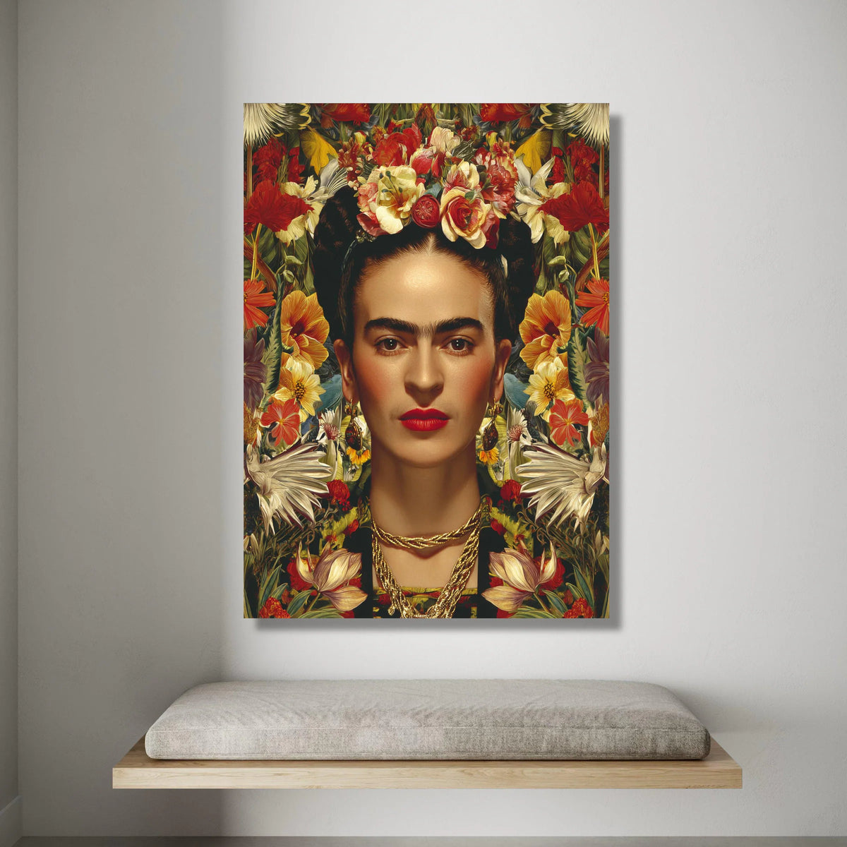 Vibrant Floral Portrait Canvas, Woman with Flower Crown Wall Art, Bold Face Decoration, Colorful Home Accent Canvas Canvas Print Art