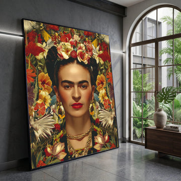 Vibrant Floral Portrait Canvas, Woman with Flower Crown Wall Art, Bold Face Decoration, Colorful Home Accent Canvas Canvas Print Art