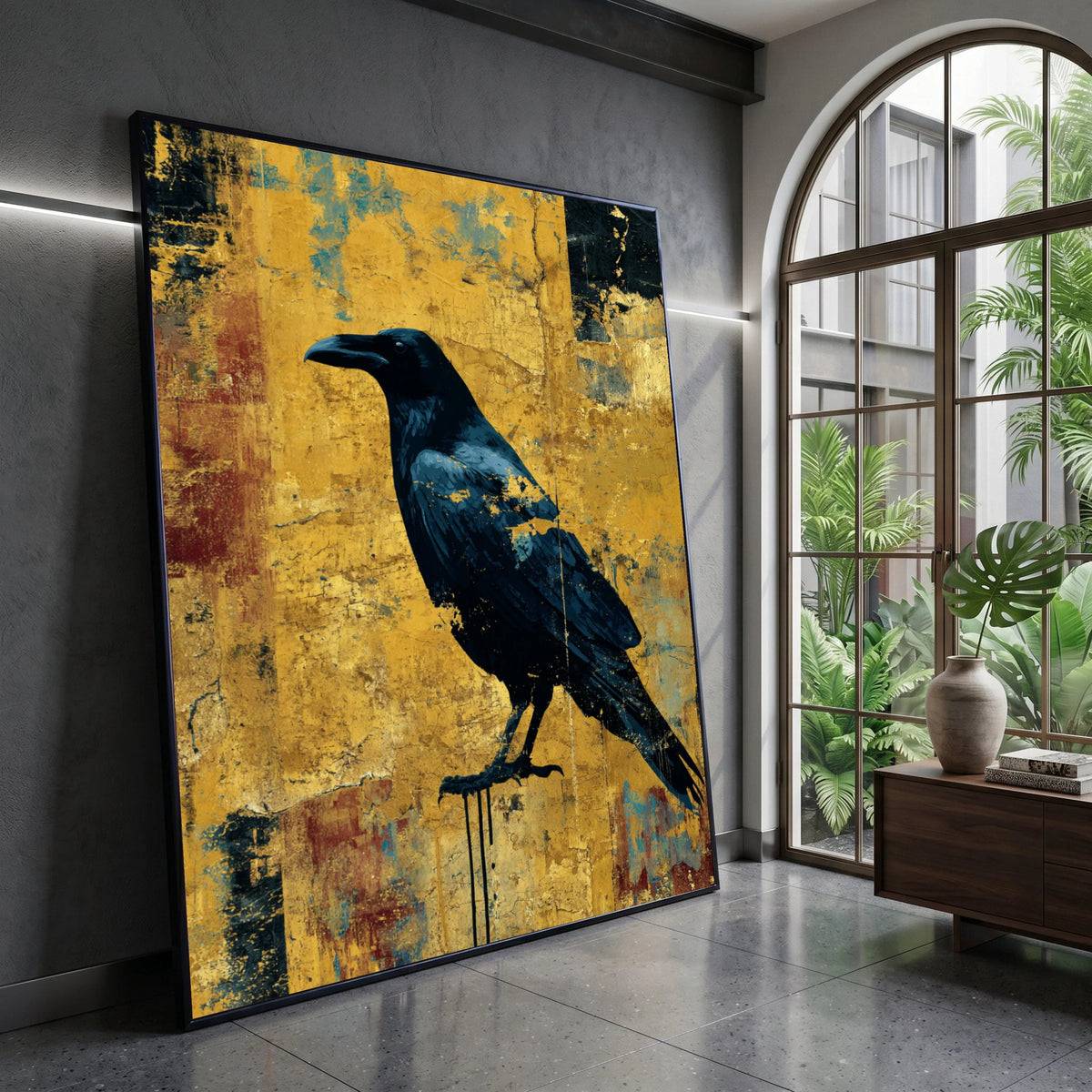 Black Raven Bird Canvas Wall Art, Abstract Urban Style, Bold Yellow Background, Modern Wildlife Canvas, Statement Wall Canvas Print Art
