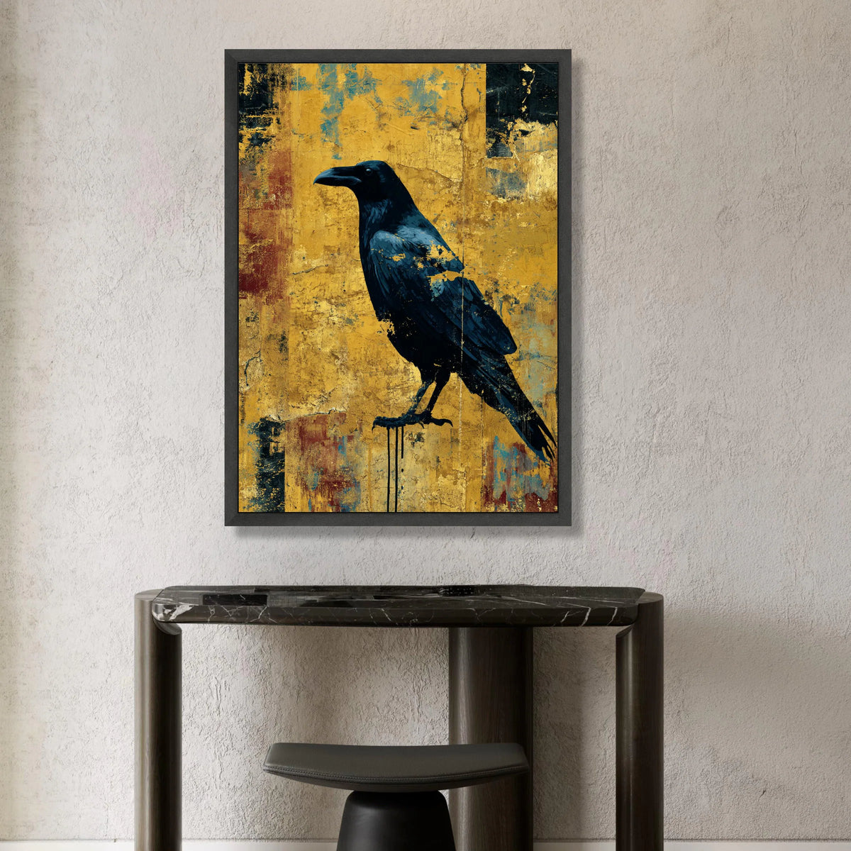 Black Raven Bird Canvas Wall Art, Abstract Urban Style, Bold Yellow Background, Modern Wildlife Canvas, Statement Wall Canvas Print Art