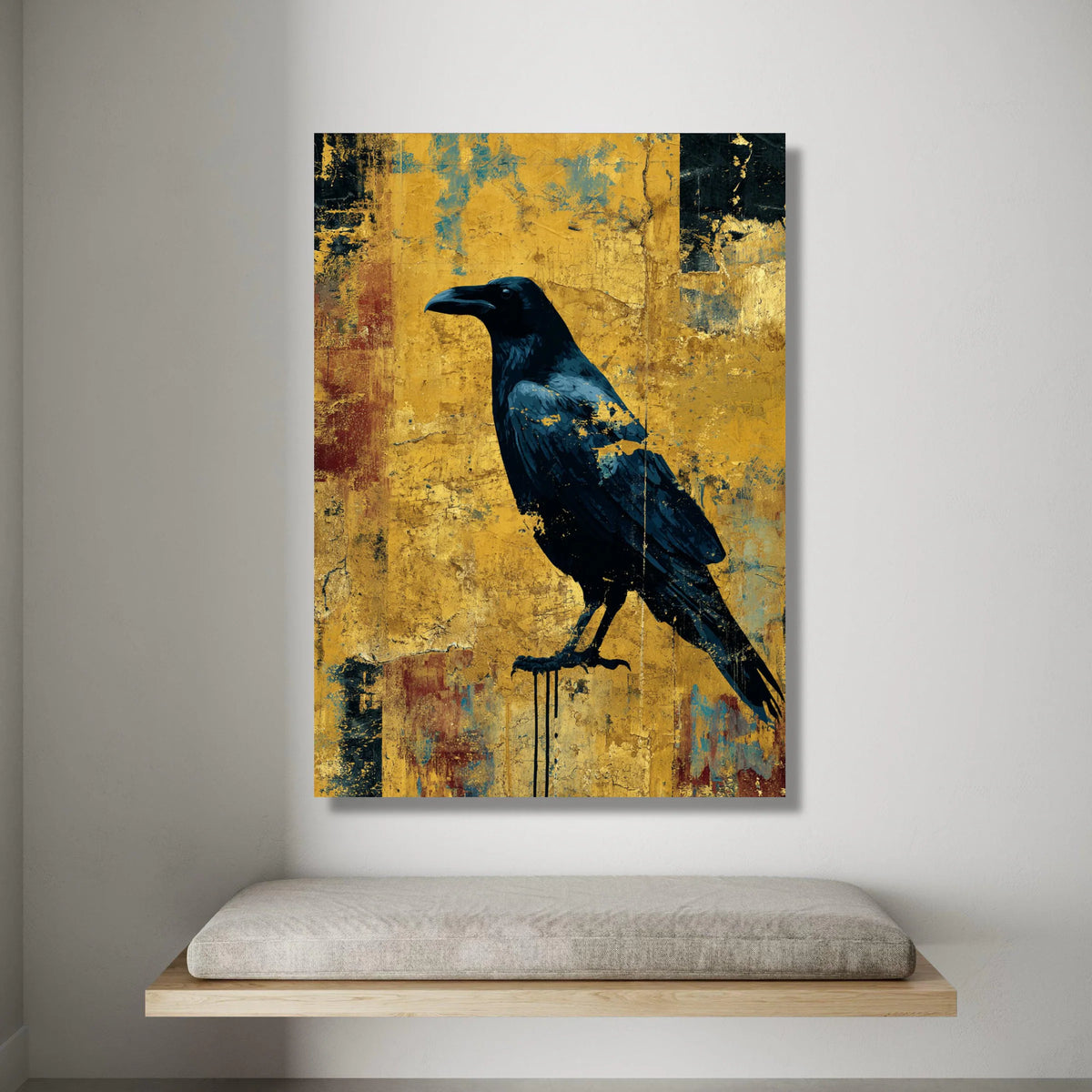 Black Raven Bird Canvas Wall Art, Abstract Urban Style, Bold Yellow Background, Modern Wildlife Canvas, Statement Wall Canvas Print Art