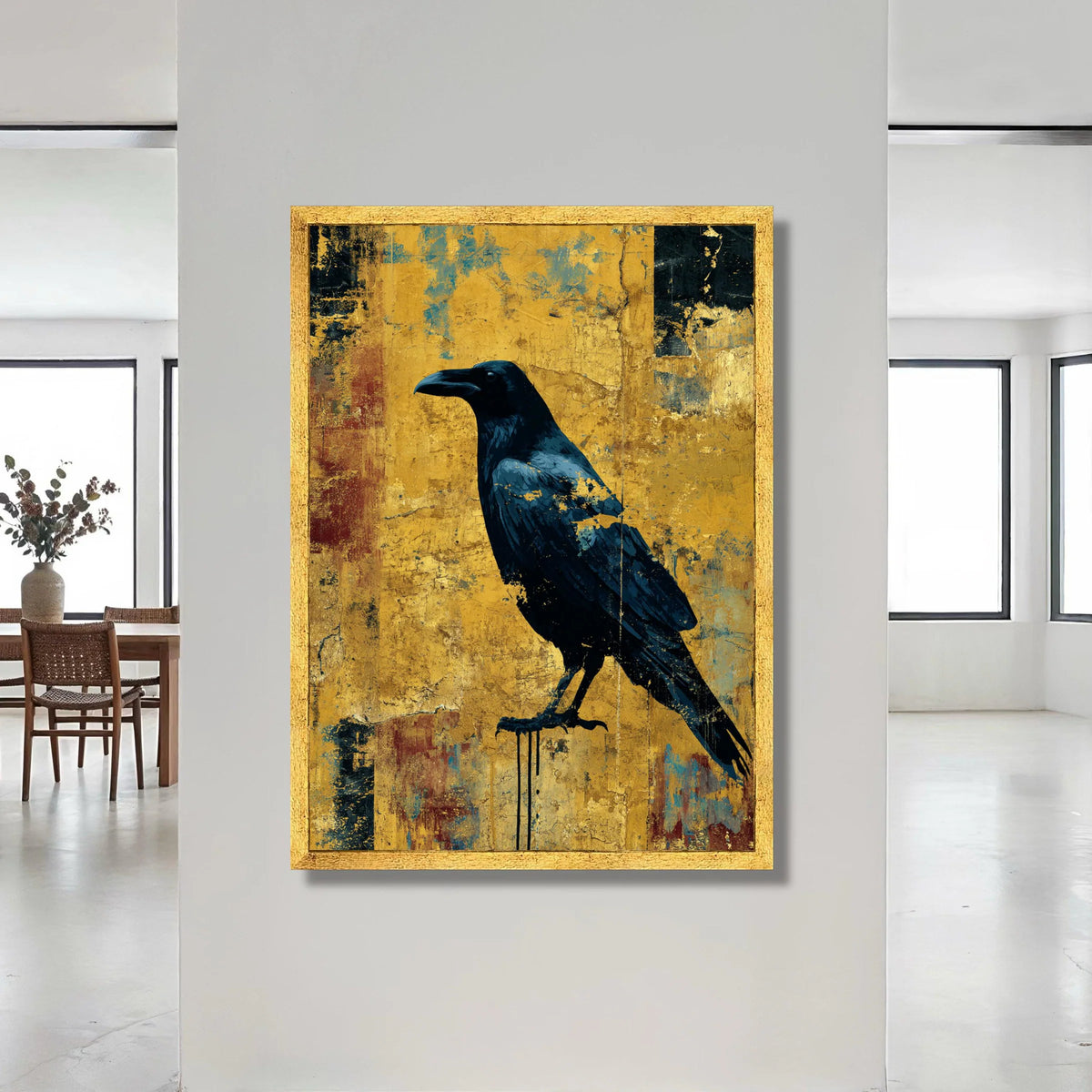 Black Raven Bird Canvas Wall Art, Abstract Urban Style, Bold Yellow Background, Modern Wildlife Canvas, Statement Wall Canvas Print Art