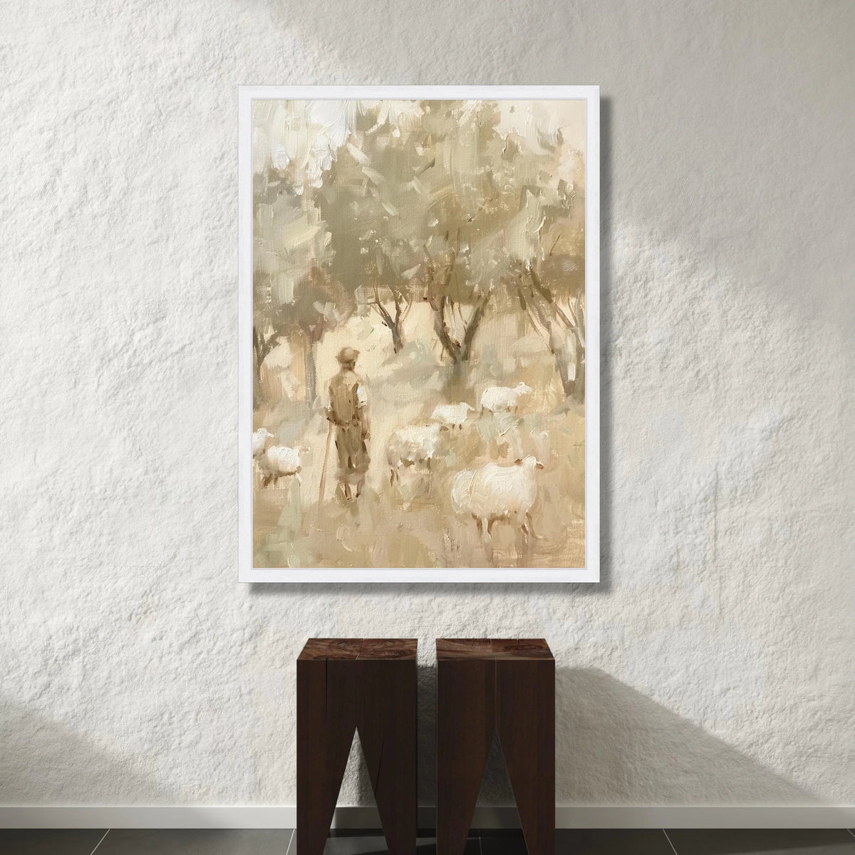 Shepherd with Sheep Soft Forest, Pastel Color Canvas Wall Art, Rustic Farm Scene Painting, Country Life Decor, Nature Canvas Print Art