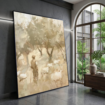 Shepherd with Sheep Soft Forest, Pastel Color Canvas Wall Art, Rustic Farm Scene Painting, Country Life Decor, Nature Canvas Print Art