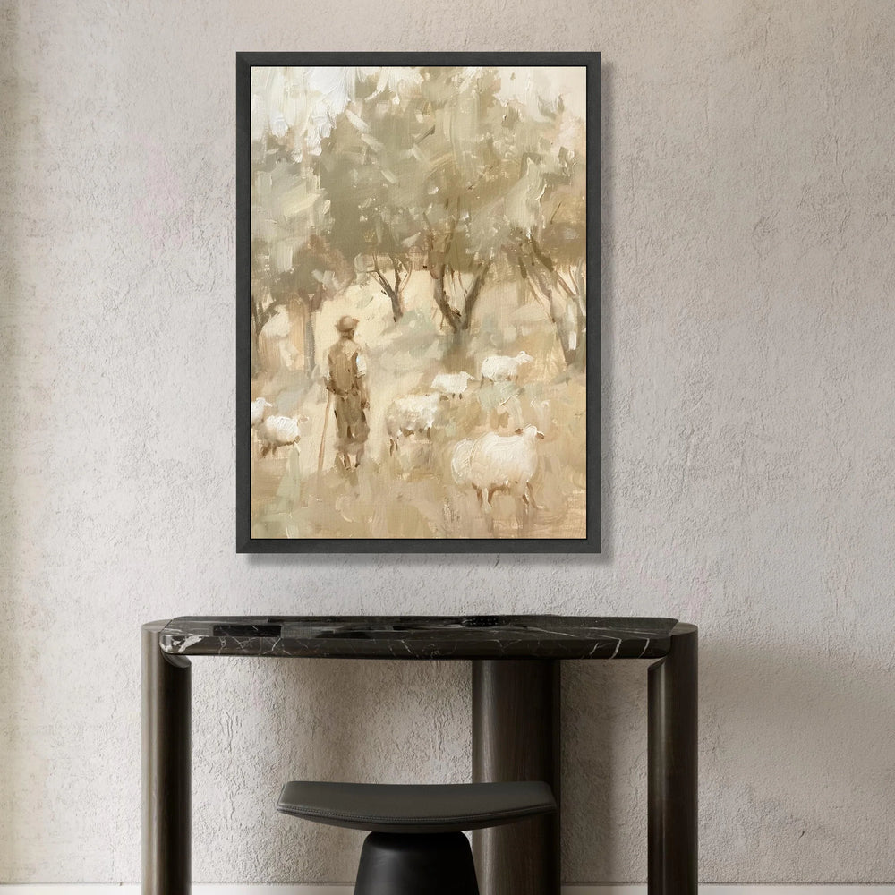 Shepherd with Sheep Soft Forest, Pastel Color Canvas Wall Art, Rustic Farm Scene Painting, Country Life Decor, Nature Canvas Print Art